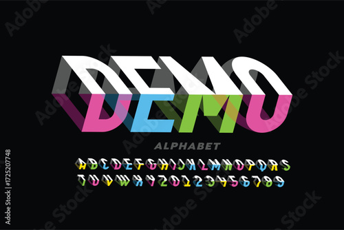 Bending 3D style font design, typography design, alphabet letters letters A, B, C, D, E, F, G, H, I, J, K, L, M, N, O, P, Q, R, S, T, U, V, W, X, Y, Z and Arab numerals 0, 1, 2, 3, 4 ,5 ,6 7, 8, 9
