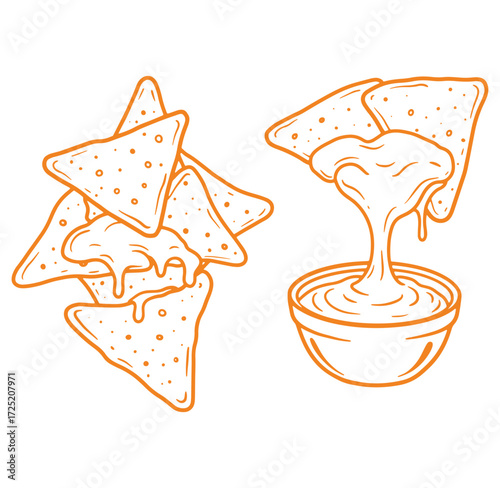 Vector illustration of delicious nachos with melted cheese and a bowl of dip