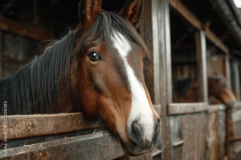 Fototapeta premium Modern clean stable with attentive stallion and tidy surroundings