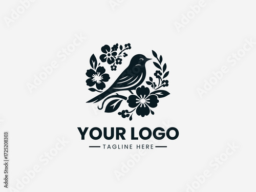 Elegant bird and floral vector logo with blooming flowers and leaves for nature conservation brand