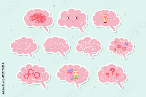 Set of pink brain illustrations with different states: confusion, sadness, idea, puzzle, gears, flowers, and question marks. Mental health, psychology, therapy and cognitive processes concept.