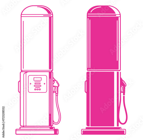 Vector illustration of two vintage fuel dispensers in retro style with line art