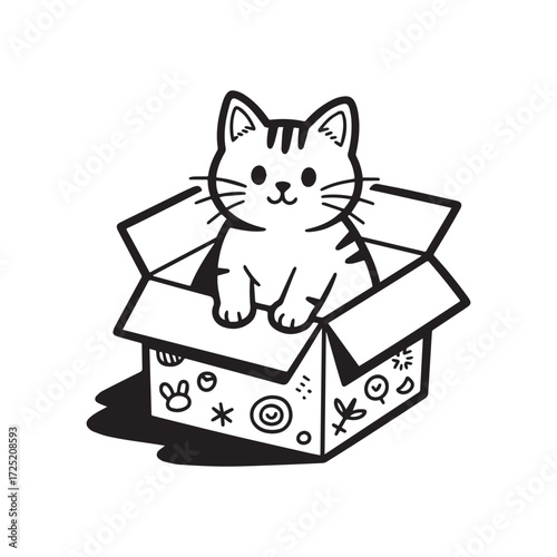 Adorable Kitten Sitting In Cardboard Box With Cute Doodle Line Art Design.