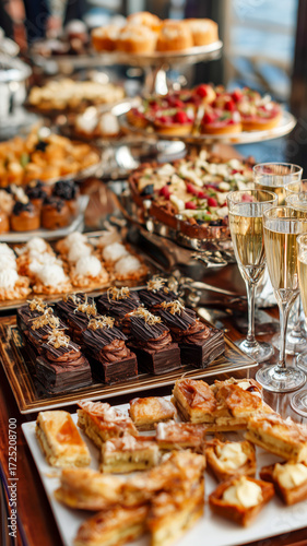 Exquisite dessert spread featuring cakes, tarts, and pastries, complemented by glasses of sparkling wine. A feast for the senses.