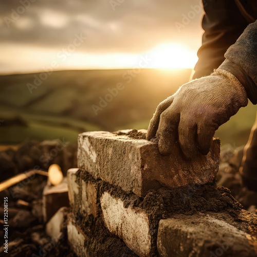 Worker Placing Brick During Sunset Construction