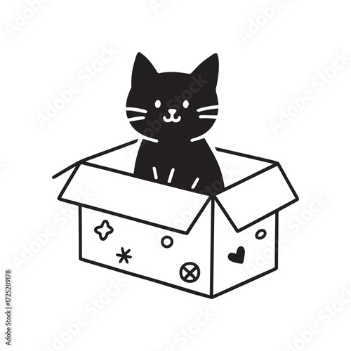 Adorable Kitten Sitting In Cardboard Box With Cute Doodle Line Art Design.