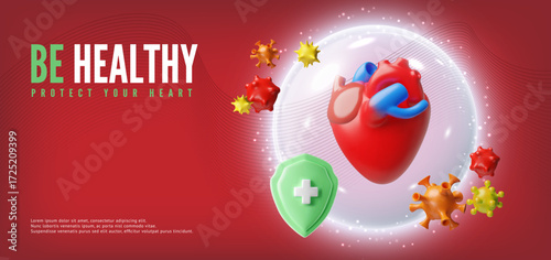 3D banner with heart protection, green shield with cross blocks germs, red background.