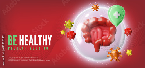 3d banner with gastrointestinal tract organs in a protective bubble, shield and bacteria.