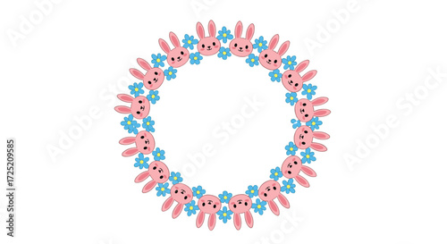 A charming circular wreath adorned with cute pink bunnies and delicate blue flowers perfect for springtime celebrations.