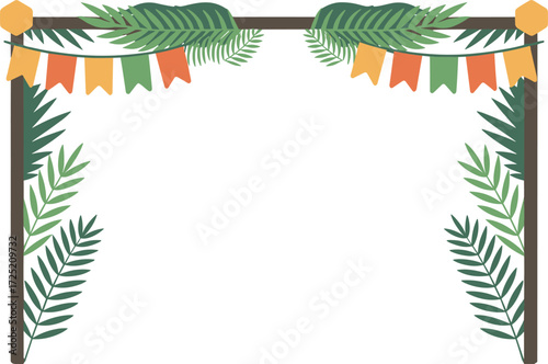 Tropical birthday greeting card, jungle theme, palm leaves, party banner, kids celebration, festive design, greenery, fun, invitation card