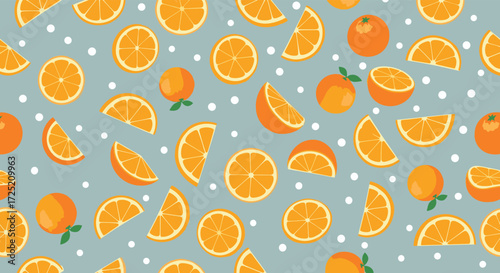 A vibrant and cheerful collection of fresh orange slices and whole fruits scattered across a light blue background with subtle white polka dots creating a delightful citrus pattern.