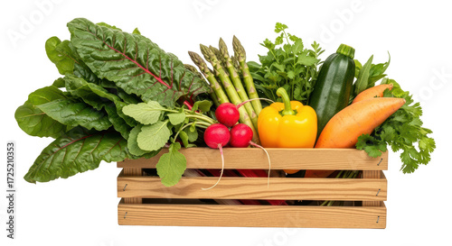 Εκτύπωση καμβά Isolated assortment of colorful fresh vegetables in wooden crate, vegetarian nut