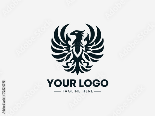 Regal eagle bird vector logo with golden crown and ornate details for luxury brand identity