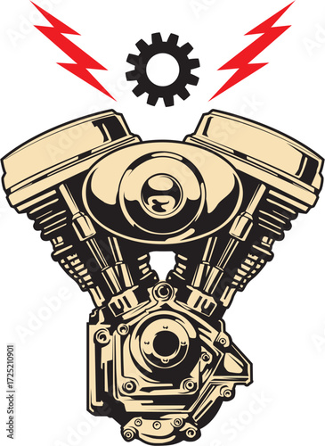 V-Twin Motorcycle Engine with Gear and Lightning Emblem Graphic Art Illustration editable vector transparent Background for t-shirt mug wall stickers wallpaper sticker design multipurpose use in high 