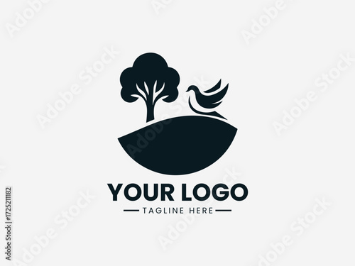 Serene dove resting on tree over rolling hill vector logo for peace organization branding