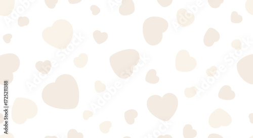 A gentle pattern of scattered light beige hearts on a white background.