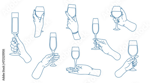 Various hand gestures holding glasses showcasing elegance at a celebration event in a minimalist style