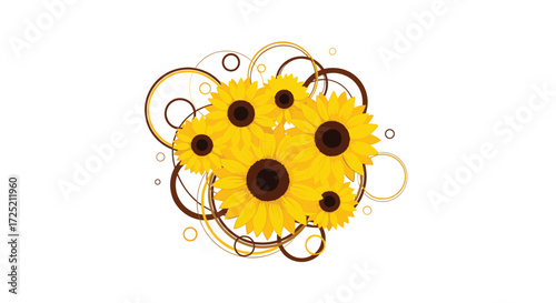 A vibrant cluster of yellow sunflowers with ornate brown and gold decorative circles adorning the background.