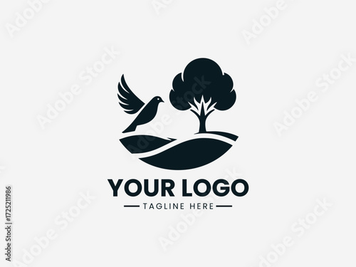 Serene dove resting on tree over rolling hill vector logo for peace organization branding