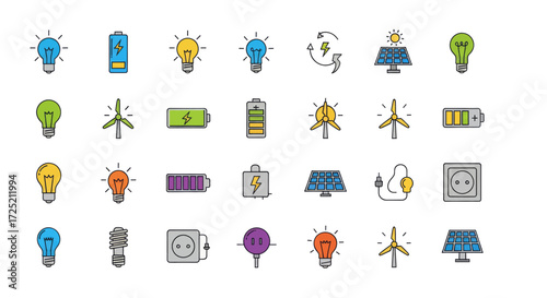 Collection of modern icons representing clean energy sources and power solutions.