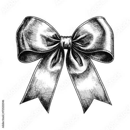 Elegant vintage ribbon bow illustration, detailed hand-drawn style, perfect for invitations, packaging, or decorative graphic design projects.