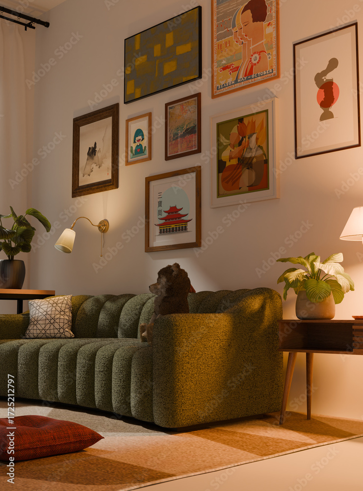 Obraz premium Low-angle shot of a vibrant, maximalist eclectic living room 3D render with warm mood lighting. Artistic decorations, plants, greenery and unique wall art decorate the area