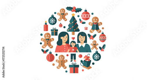 A whimsical arrangement of festive christmas elements including gingerbread people a christmas tree and seasonal ornaments encircling a happy family portrait.