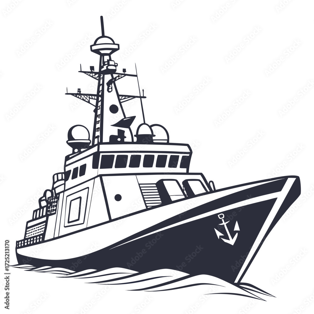 Obraz premium Illustration of a military frigate, showcasing its advanced weaponry and naval capabilities, symbolizing maritime defense, security, and strategic power projection