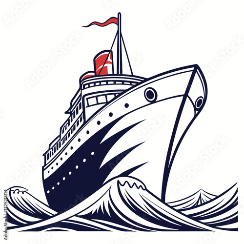 Illustration of a cruise ship sailing on the ocean the ship is white and blue, with a red flag on the mast and red accents on the smokestack