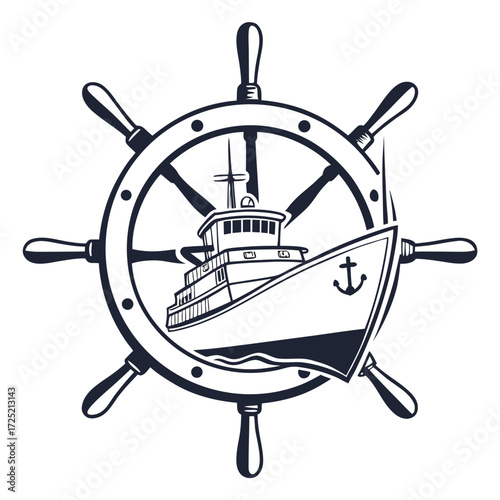 Illustration of a fishing boat inside a ships wheel, conveying a nautical theme with a vintage touch, perfect for maritime or fishingrelated designs