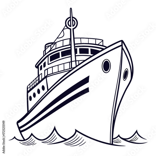 Illustration of a cruise ship on the water the vessel is sailing on the sea, creating a modern and nautical scene in black and white, front view