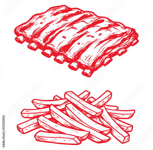 Delicious hand drawn illustration of bbq ribs and a pile of crispy french fries