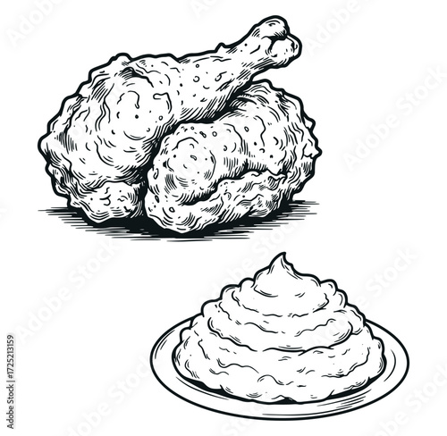 Delicious hand drawn illustration of fried chicken and creamy mashed potatoes
