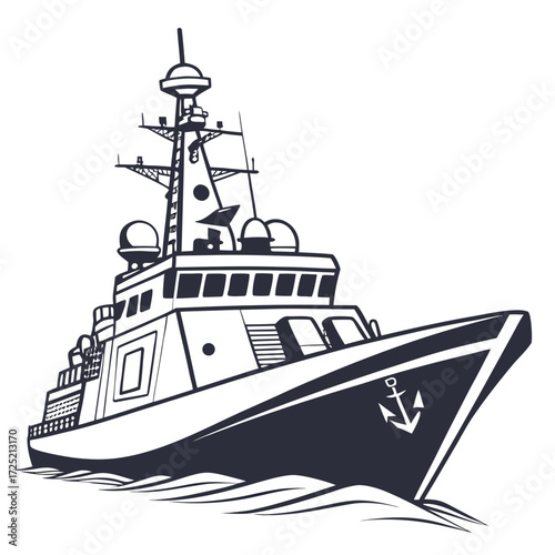Illustration of a military frigate, showcasing its advanced weaponry and naval capabilities, symbolizing maritime defense, security, and strategic power projection