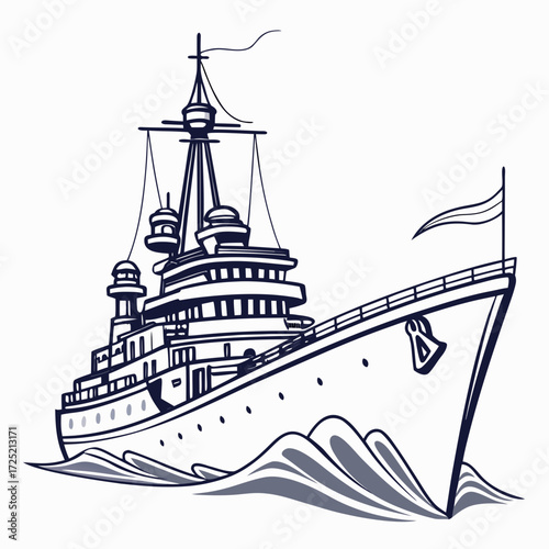 Illustration of a majestic warship sailing on the sea, , showcasing its impressive size and power, perfect for historical or navalthemed projects