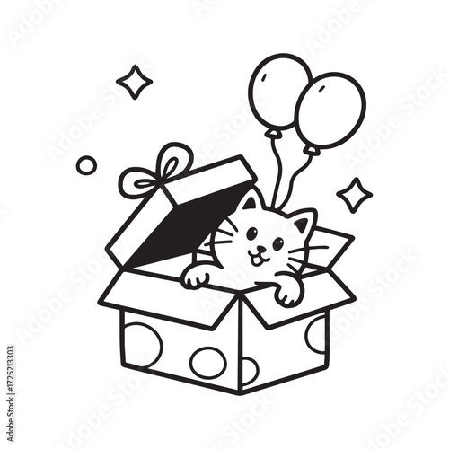  Festive Kitten Popping Out Gift Box With Balloons Line Art Design. 