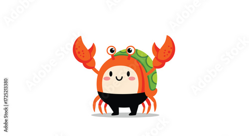 A cute cartoon character wearing a crab costume and waving its claws happily.