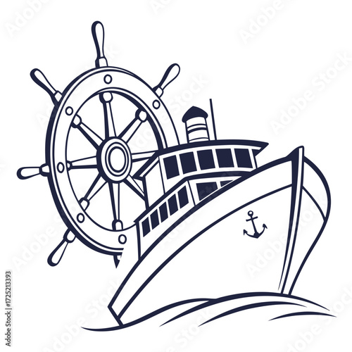Illustration of a ship with a large steering wheel, , evoking a sense of maritime adventure and nautical exploration, perfect for travel and adventure themes