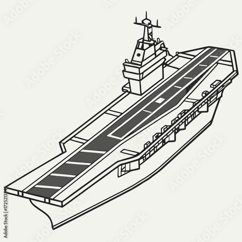 Illustration of an aircraft carrier, a warship designed for deploying and recovering aircraft at sea, equipped with a fulllength flight deck and facilities