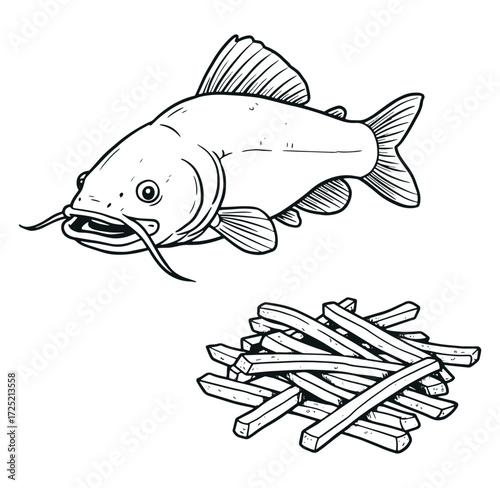 Detailed black and white illustration of catfish with side of french fries