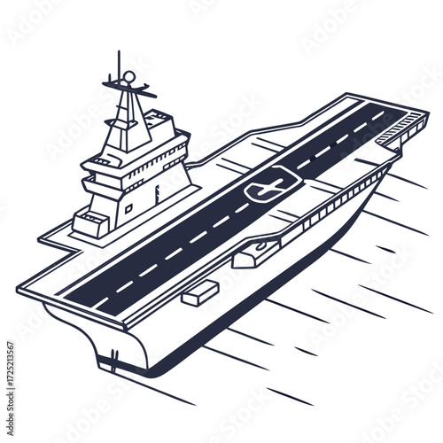 Illustration of an aircraft carrier, showcasing its design and function as a mobile naval airbase in a vector format