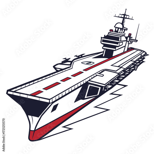 Illustration of an aircraft carrier on the water, a naval vessel designed for deploying and recovering aircraft at sea, a symbol of maritime power