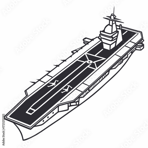 Illustration of an aircraft carrier, showcasing naval aviation and maritime power projection in a minimalist style, highlighting the ships design and capabilities