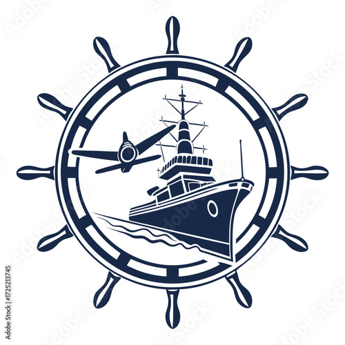 Vector art of a nautical emblem featuring a warship and an airplane inside a ships wheel, perfect for logos, badges, and designs with a maritime theme