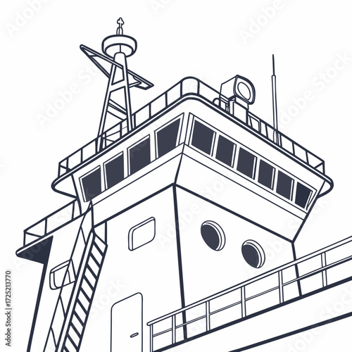 Vector art of closeup of the bridge of a ship, showcasing its navigation equipment, communication systems, and the overall design of the vessel