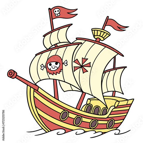 Vector art of cartoon pirate ship illustration, featuring a skull and crossbones flag and whimsical design, ideal for childrens books and piratethemed projects