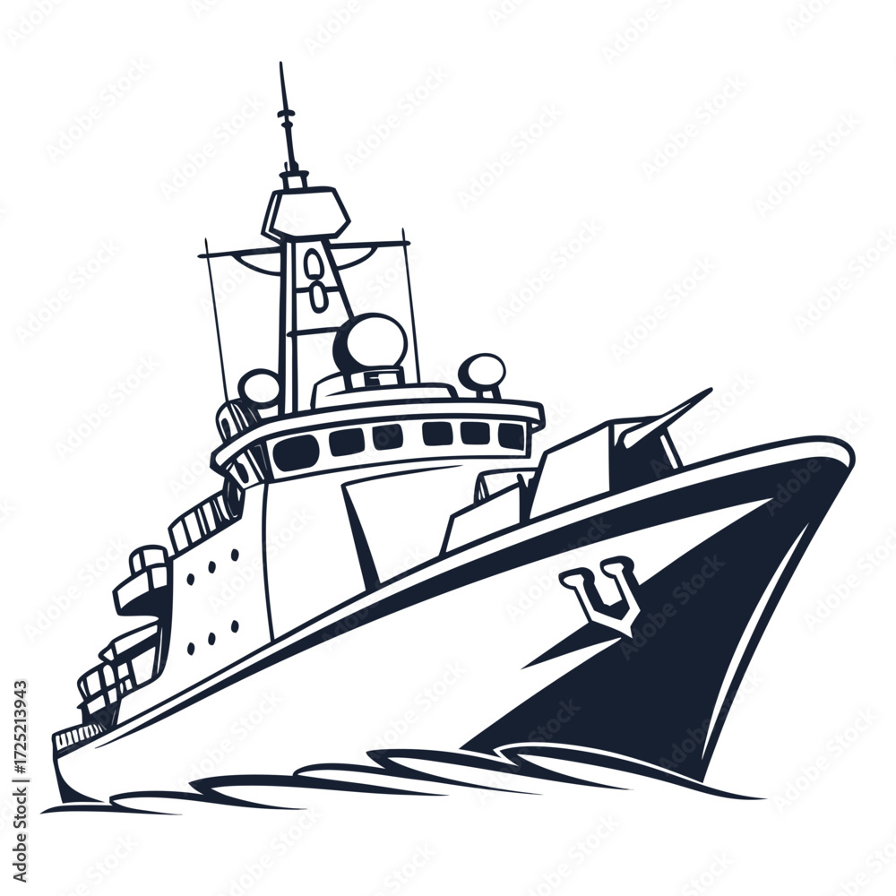 Obraz premium Vector art of naval vessel illustration depicting a modern warship with detailed features such as radar, weaponry, and communication systems, showcasing maritime technology and naval power