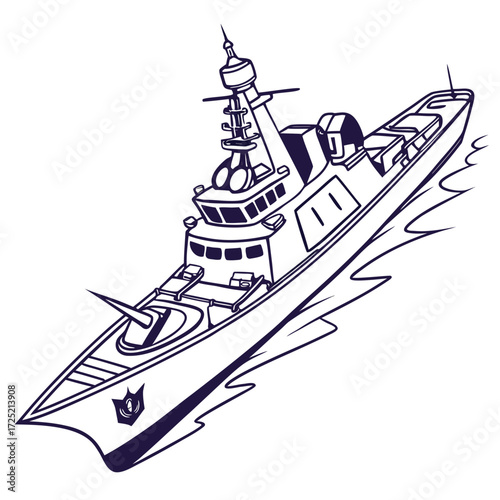 Vector art of modern warship illustration, showcasing its sleek design, advanced weaponry, and maritime capabilities, representing naval power and technological advancement in maritime warfare