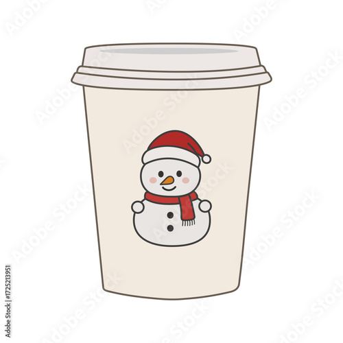 Christmas themed paper cup featuring cute snowman illustration, perfect for holiday season promotions or coffee shop designs