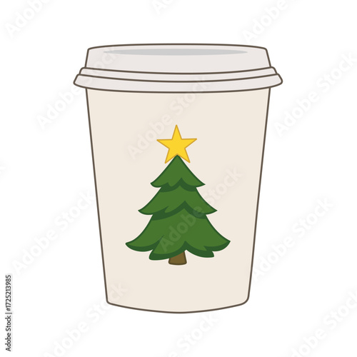 Festive paper cup featuring decorated Christmas tree with yellow star, perfect for holiday season drinks and promotions
